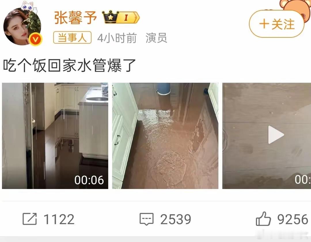 张馨予家被水淹了5月11日，张馨予突然发文说自己出去吃个饭的功夫，家里的水管就爆