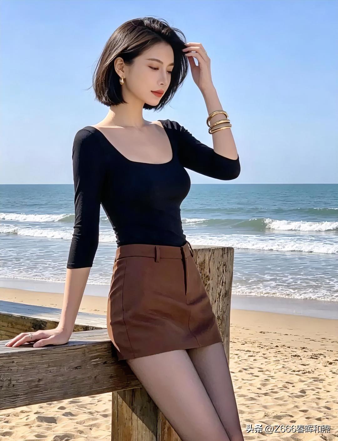 《墨韵凝香》

玄墨修身映海天，棕裙半掩玉姿妍。

金镯轻绕纤纤腕，静倚孤桩听浪