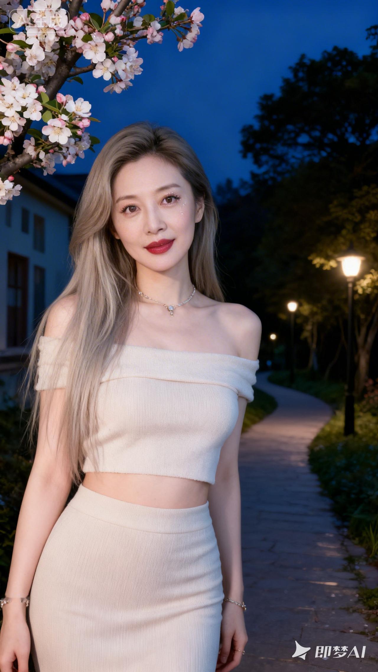 樱花树下，甜美少女，夜色温柔，梦回校园