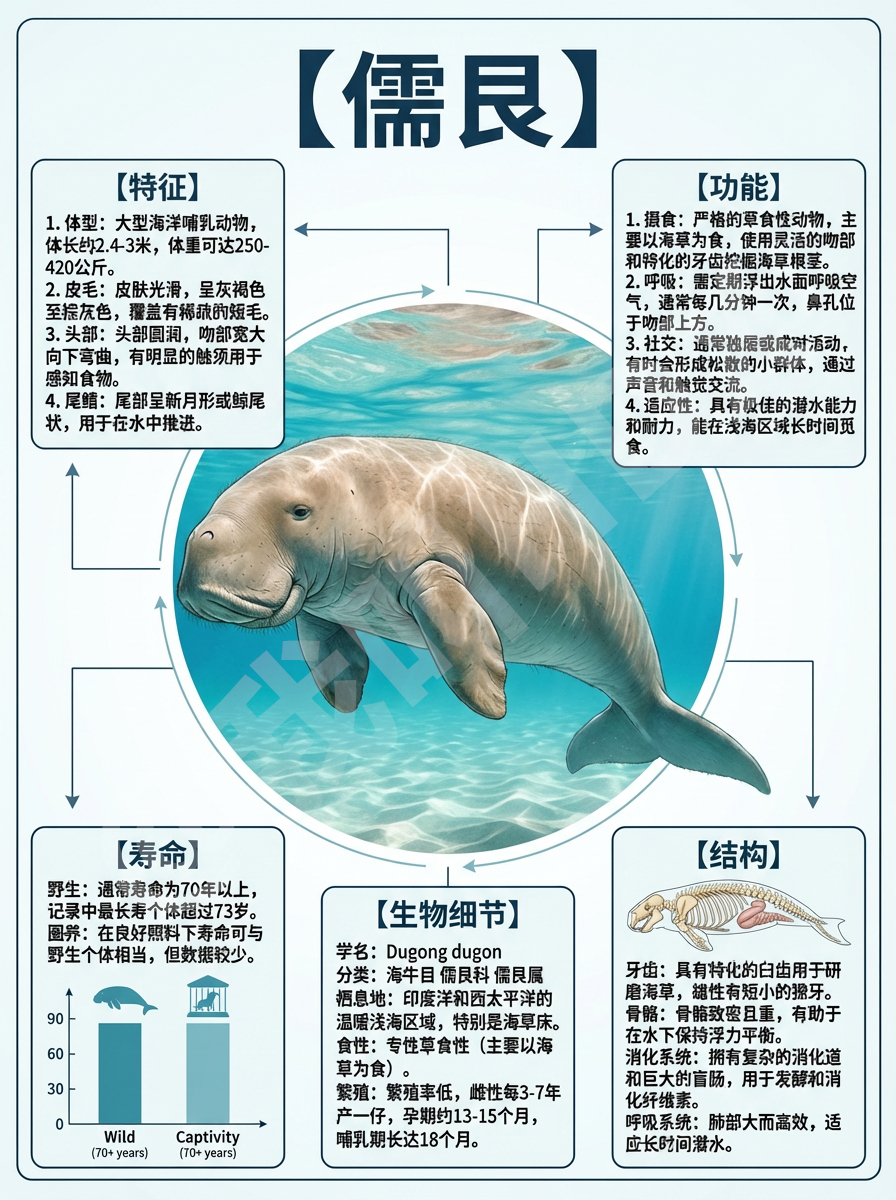 我AI的动物 海洋里的“温柔美人鱼”——儒艮！它体型庞大却性格温顺，圆圆的脑袋，