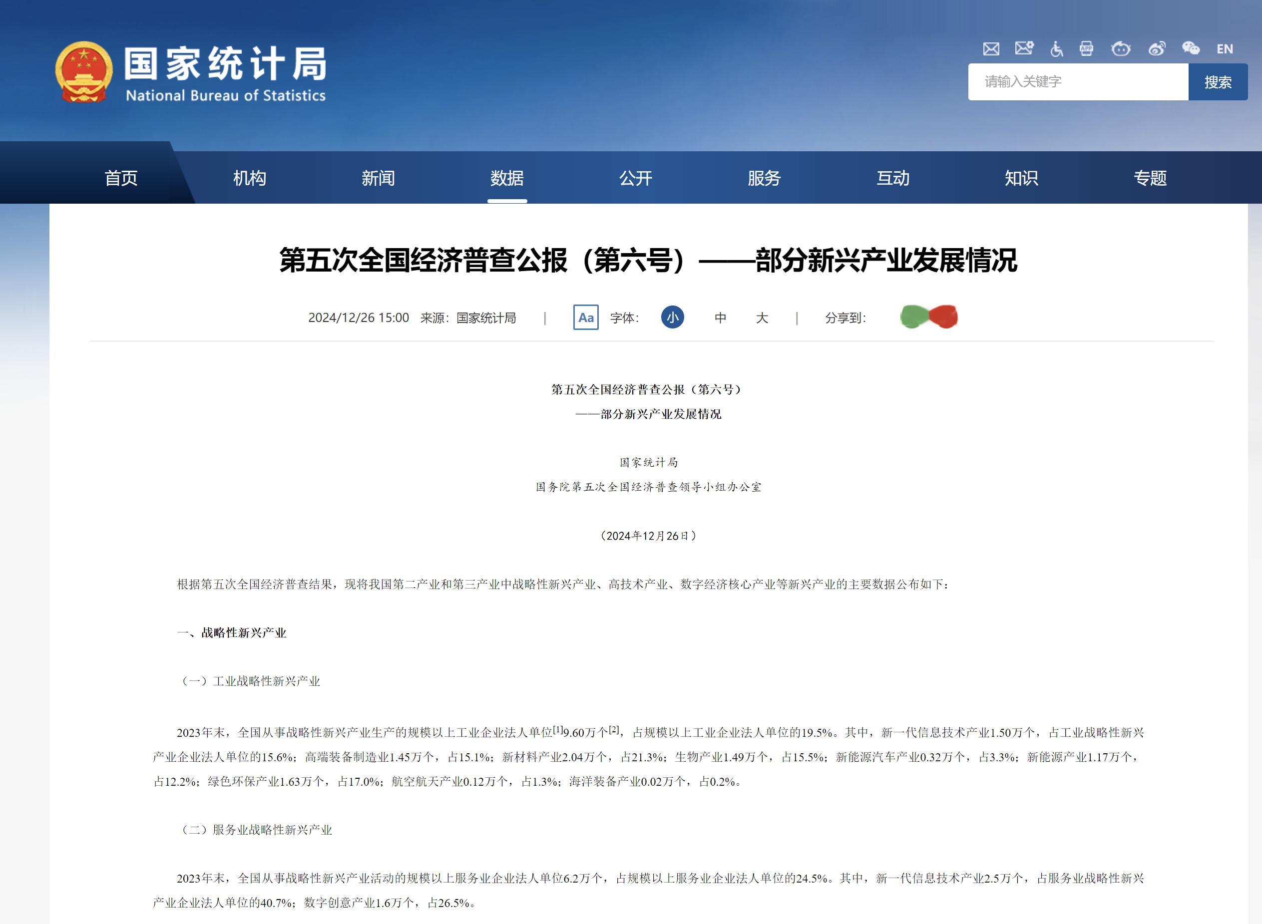 【国家统计局：2023年末全国从事战略性新兴产业生产的规模以上工业企业法人单位9