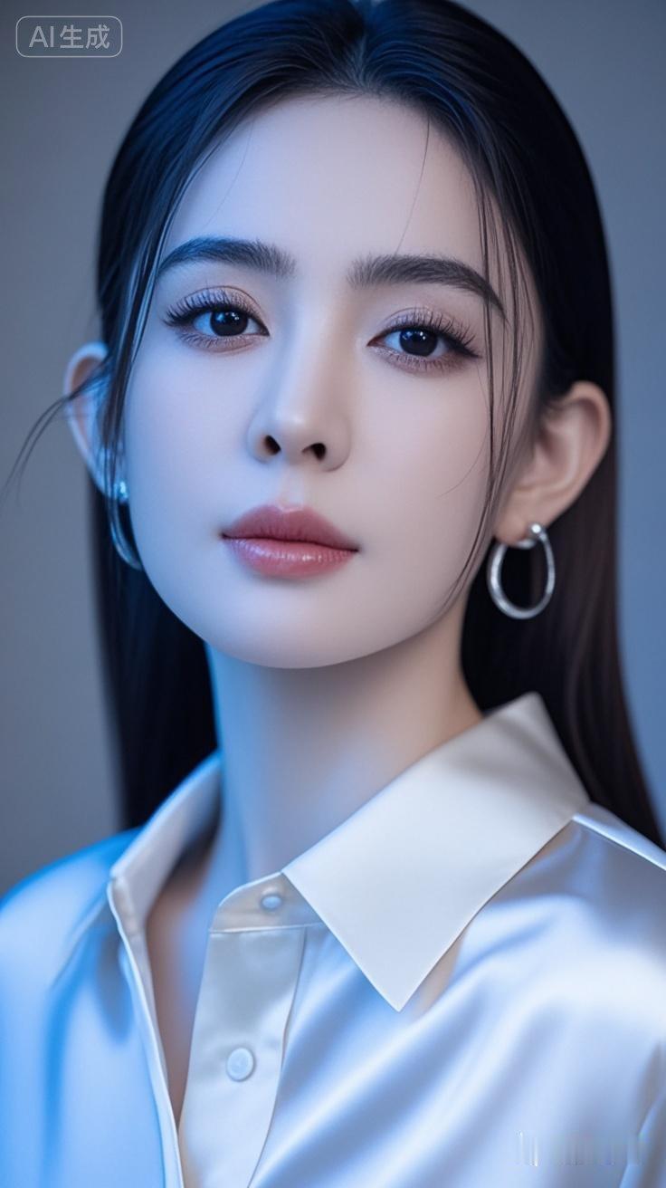 冷艳的蓝调光影，柔美的少女面庞，时尚白衬衫与耳环的完美搭配，尽显优雅气质。