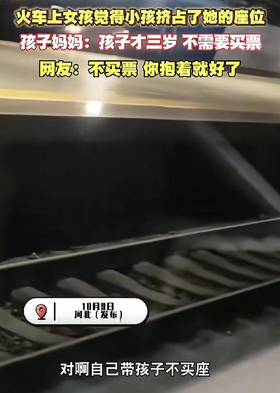 河北一趟高铁上，一女子因为邻座三岁女孩没有买票，挤占了她的座位，于是与女孩的母亲