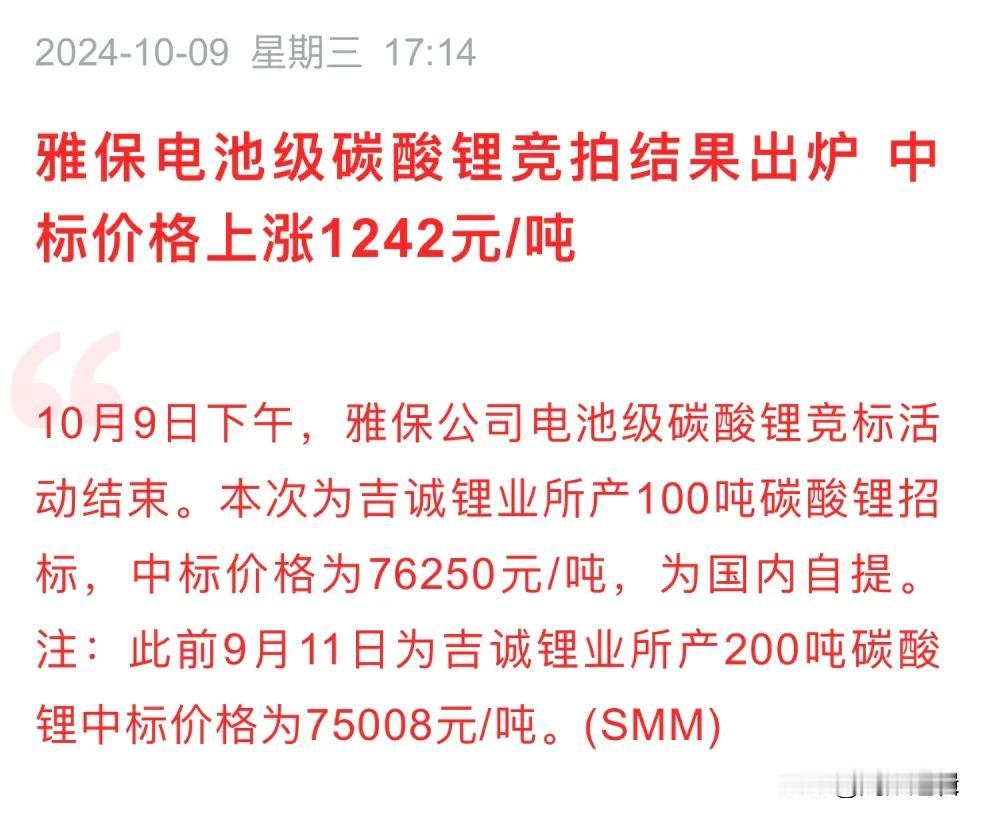 新能源方向传来利好，雅宝碳酸锂拍卖价上涨1242元/吨
      今日，全球锂