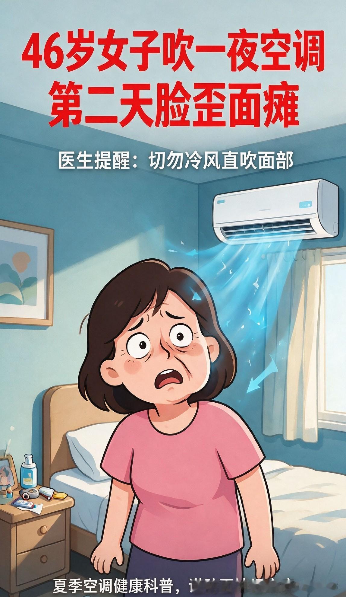 惊险！46岁女士整夜对着空调吹风，次日起床脸部歪斜确诊面瘫。

近日一则就诊案例