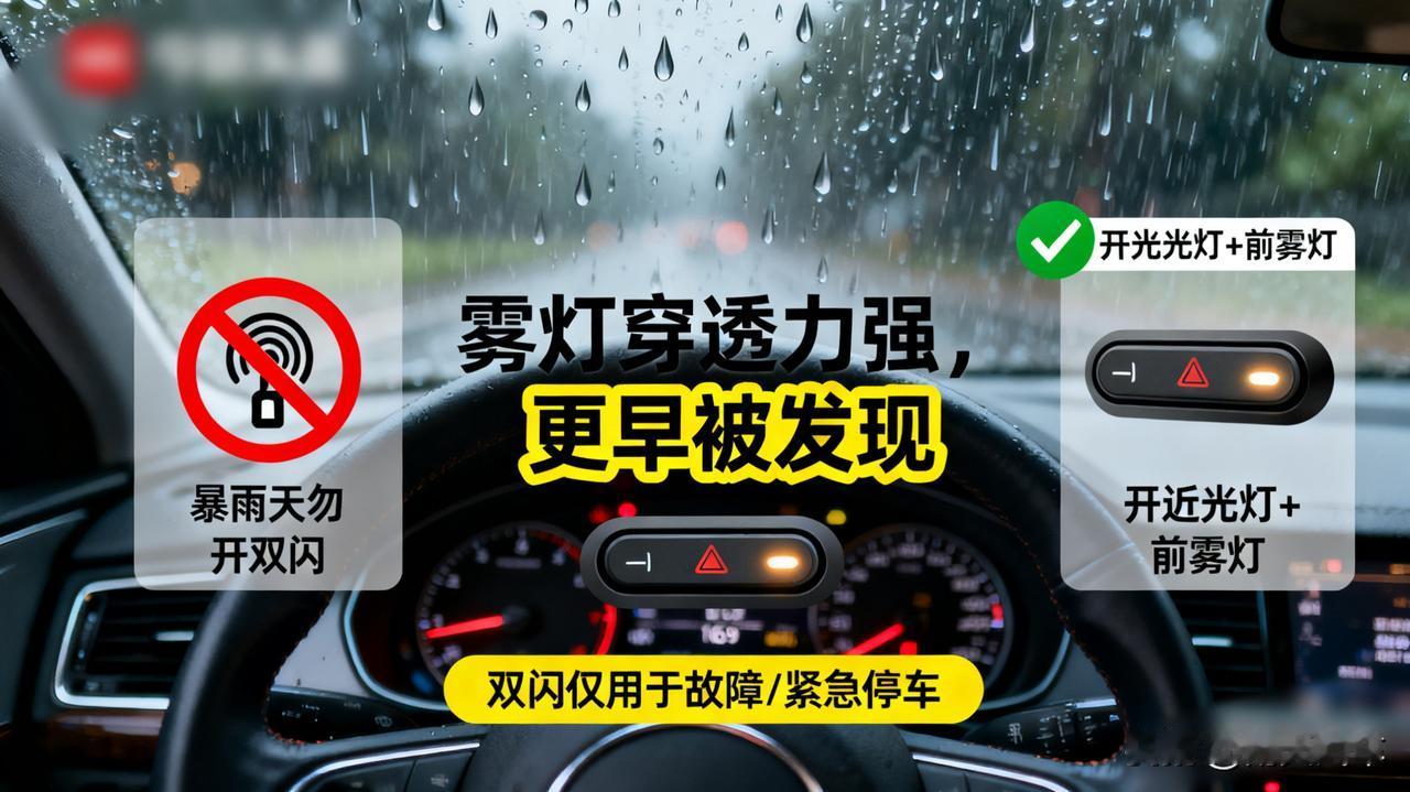 雨天行车，开这个灯！

暴雨天，别只开双闪！正确做法是：打开近光灯和前雾灯。雾灯