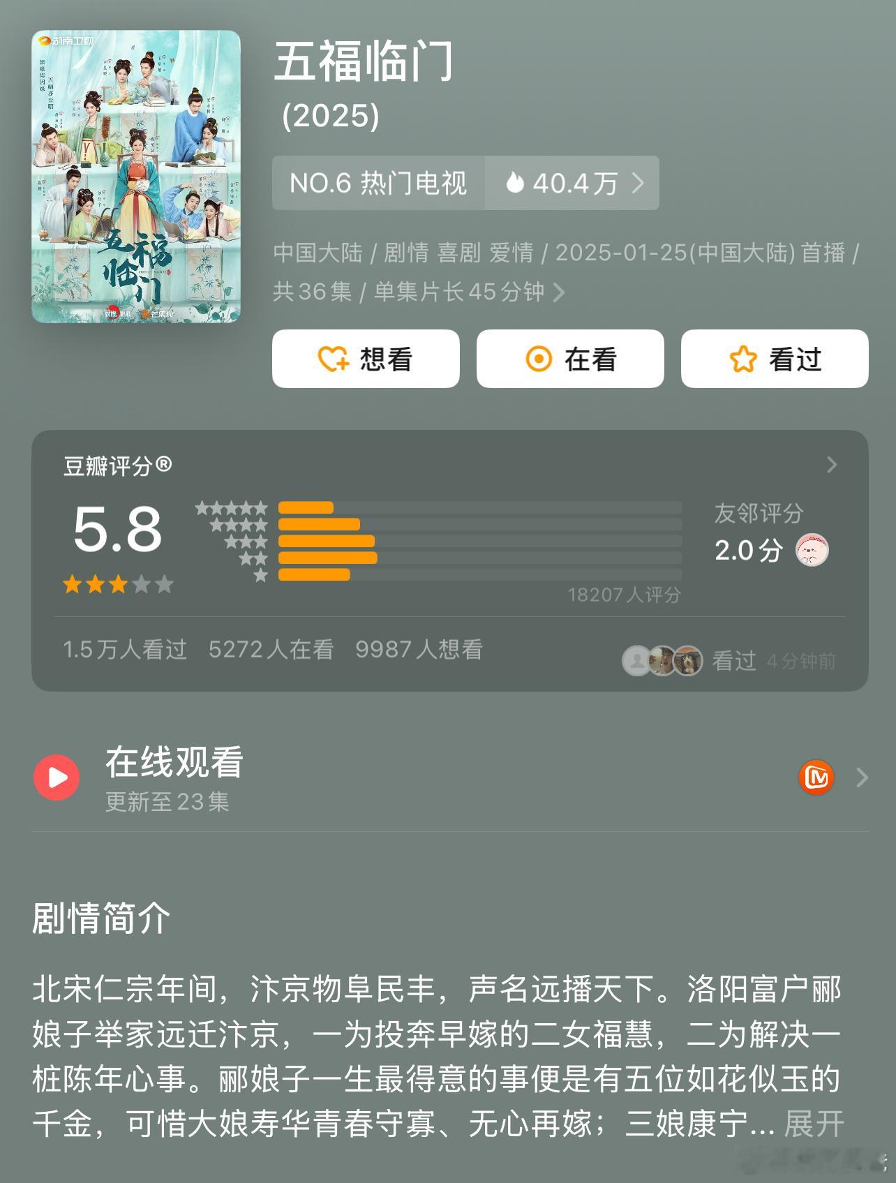 《五福临门》豆瓣开分5.8，应该还会降，我陆陆续续看了10集，剧情真的不行 