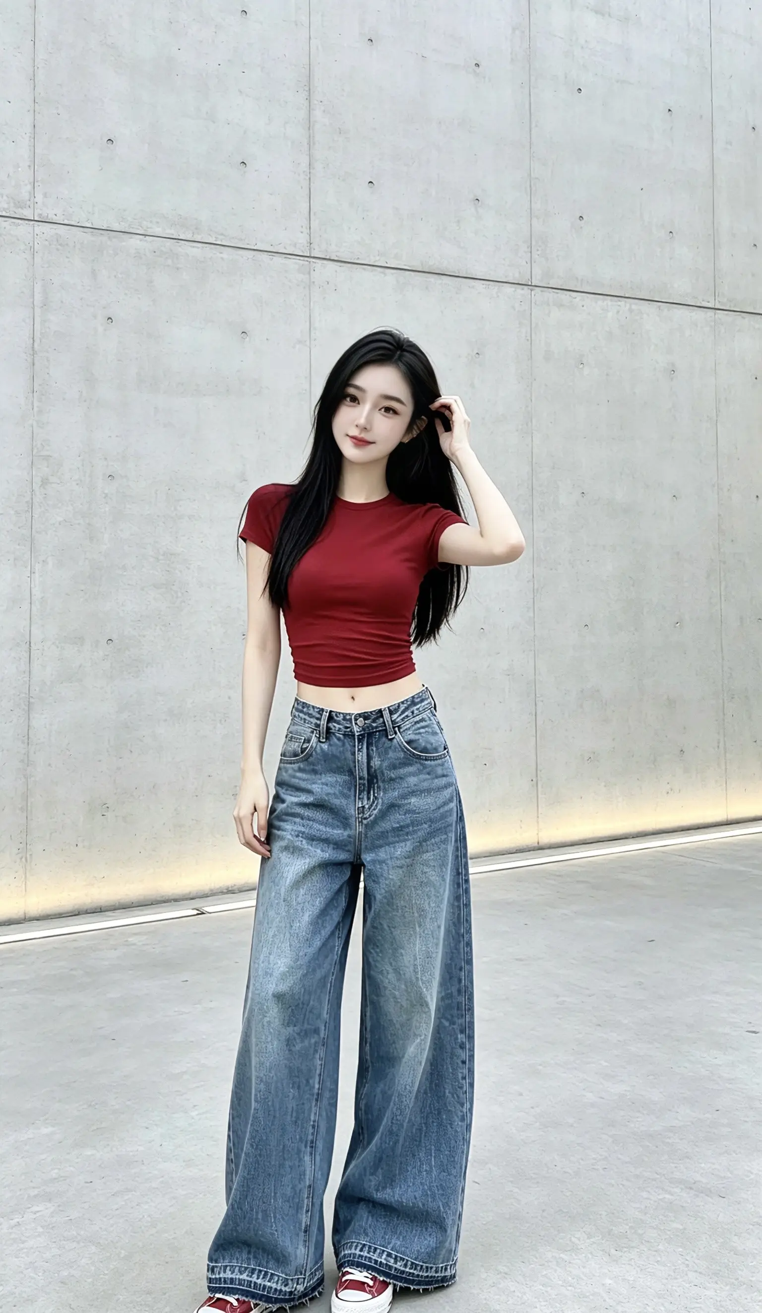 氛围感穿搭美女 甜美正肩辣妹t恤 辣妹牛仔阔腿裤 辣妹修身短袖t恤