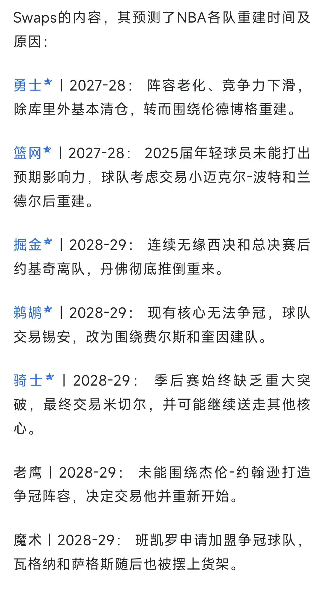 美媒预测各队重建时间，勇士篮网明年夏天就开始重建，紧随其后就是掘金和骑士这个还真