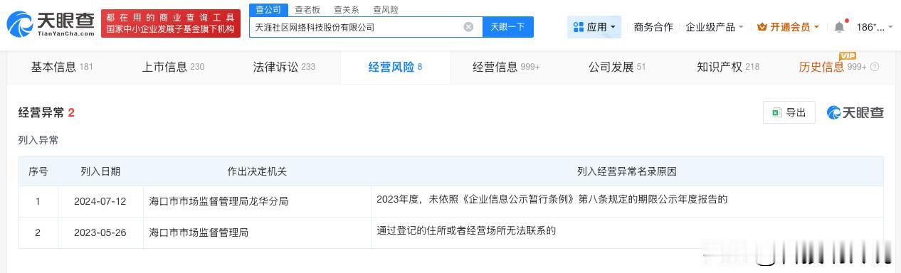 【天涯社区累计被执行超千万 天涯社区连续两年被列入经营异常】天涯神帖
6月1日，