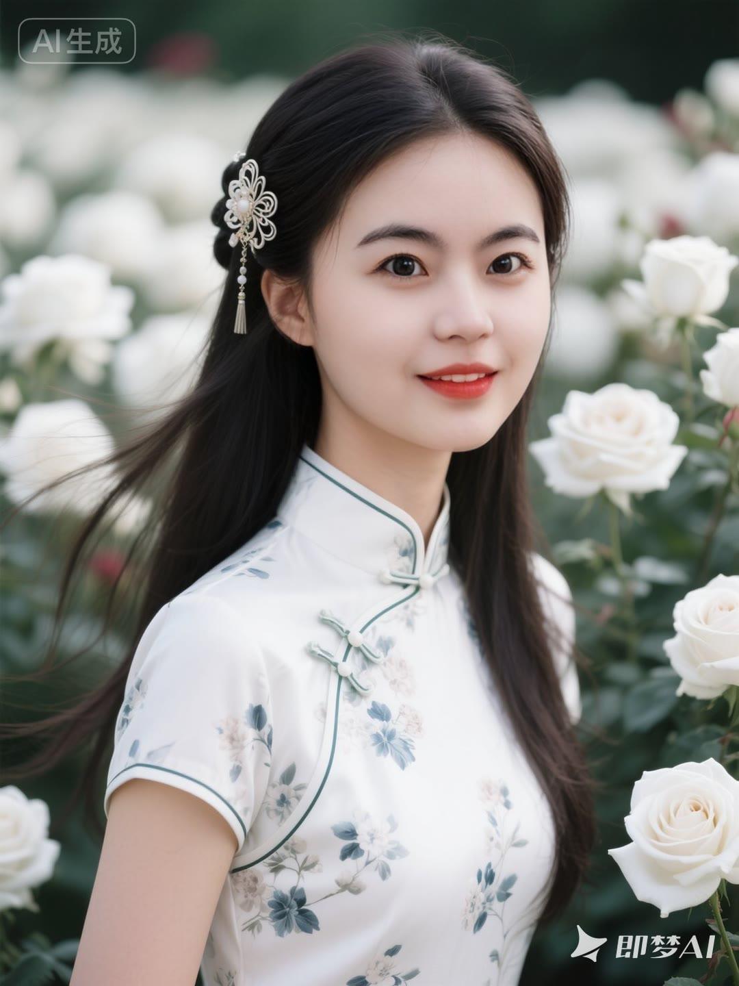 古典与现代的完美结合，白衣少女与玫瑰花的浪漫邂逅。