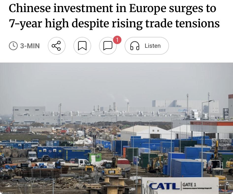 外媒：中国对欧投资创七年新高，但新项目增速放缓

2025年，中国对欧洲的直接投