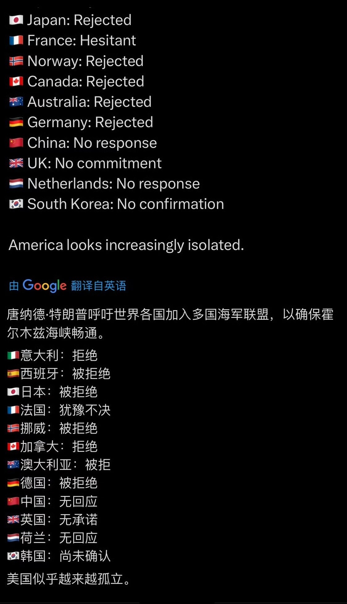 这是美国网友统计了各国对于大统领要求派军舰到霍尔木兹海峡护航的表态！俗话说，得人