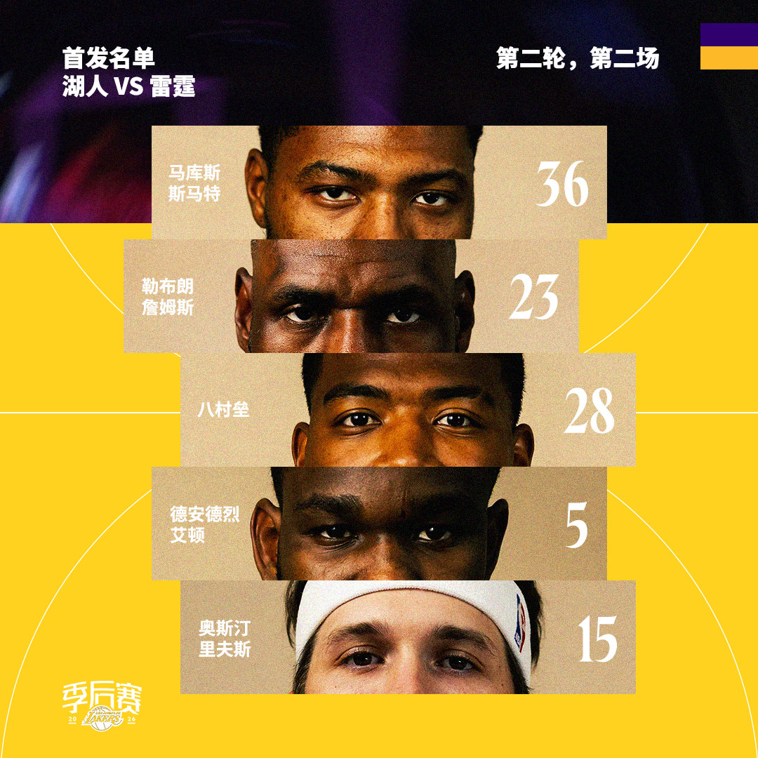 「湖人vs雷霆 R2G2 | 首发名单」詹姆斯   斯马特 八村垒 NBA季后赛