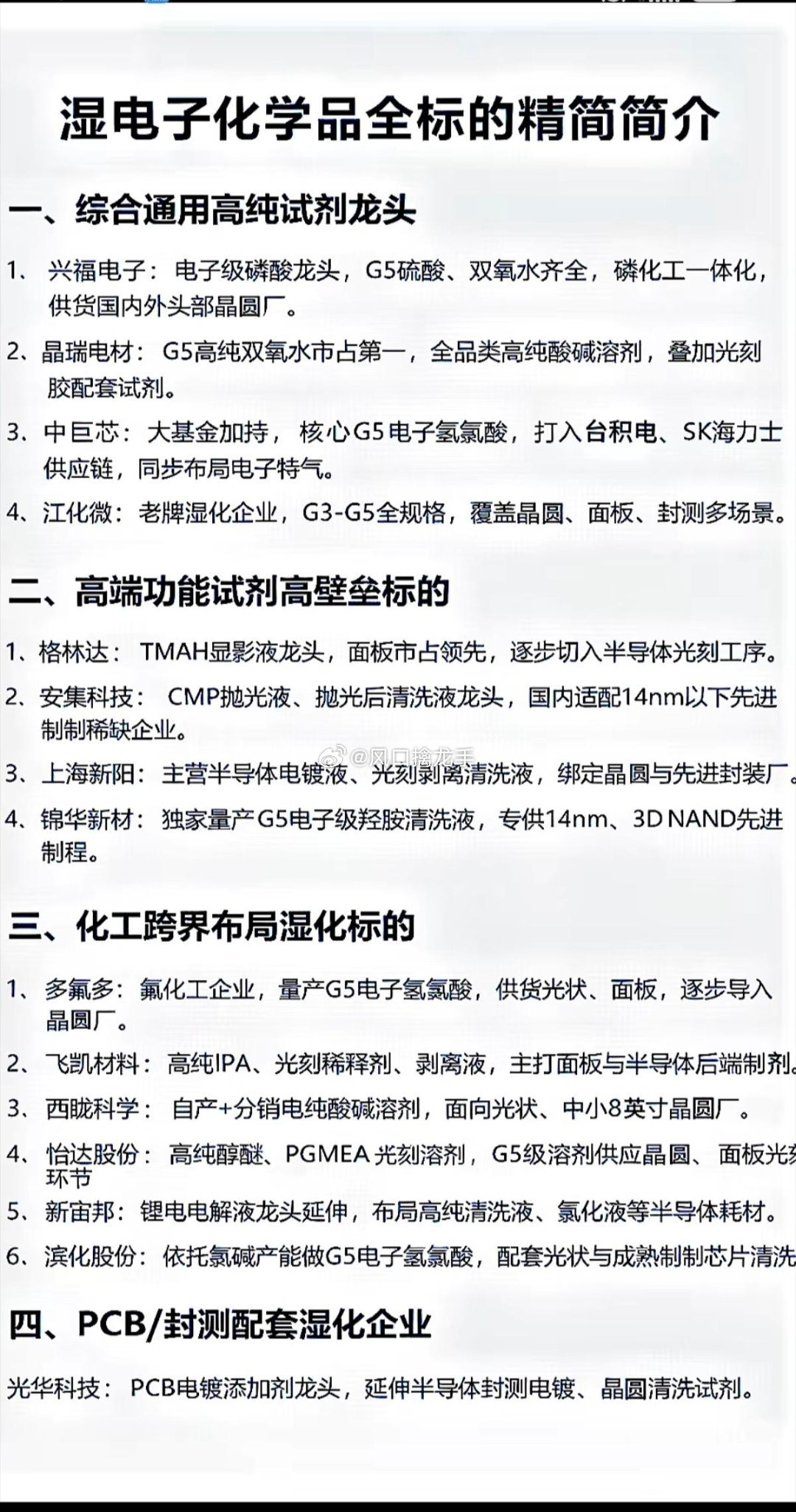 湿电子化学品：全标的精简简介！一、PCB/封测配套湿化企业（后端清洗、蚀刻、剥离