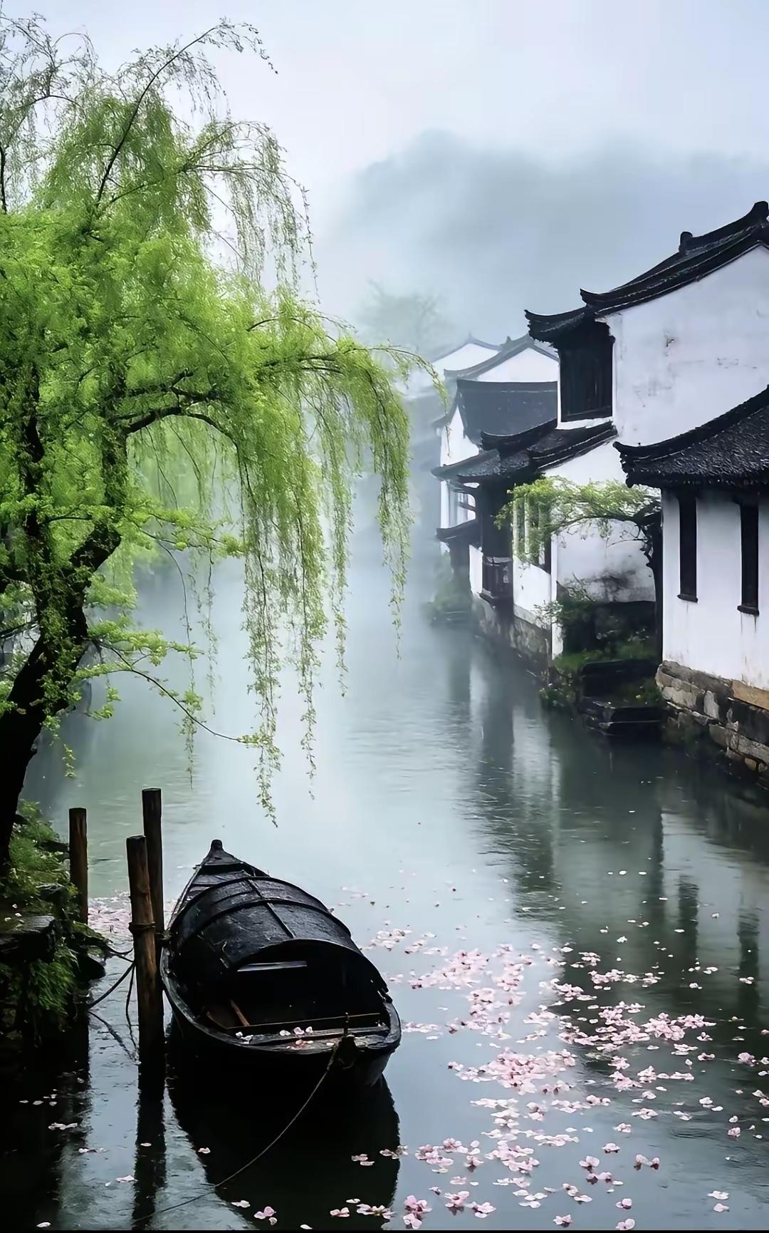捣练子·江南春
风拂案，柳丝柔，
烟雨江南画里游。
古巷小桥皆胜景，
杏红梅香满