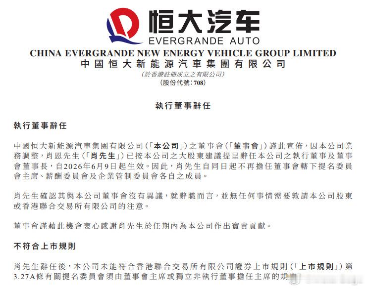 不是，恒大汽车还在呢？恒大汽车董事长肖恩辞任