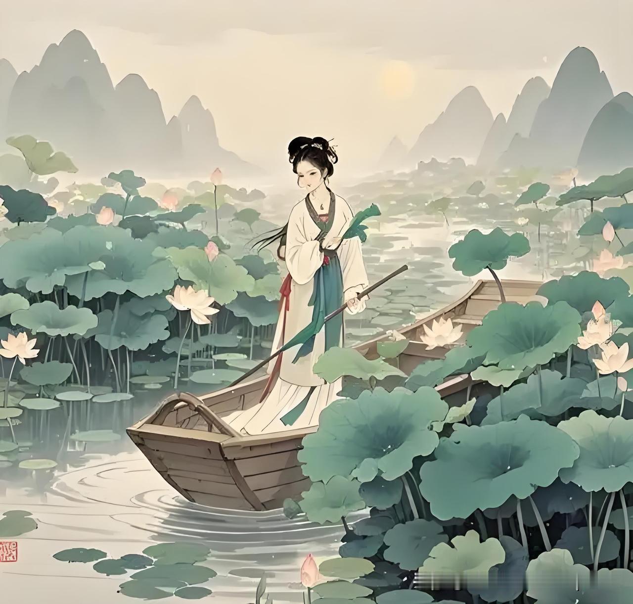 《湖上寓居杂咏》
——宋・姜夔
苑墙曲曲柳冥冥，
人静山空见一灯。
荷叶似云香不