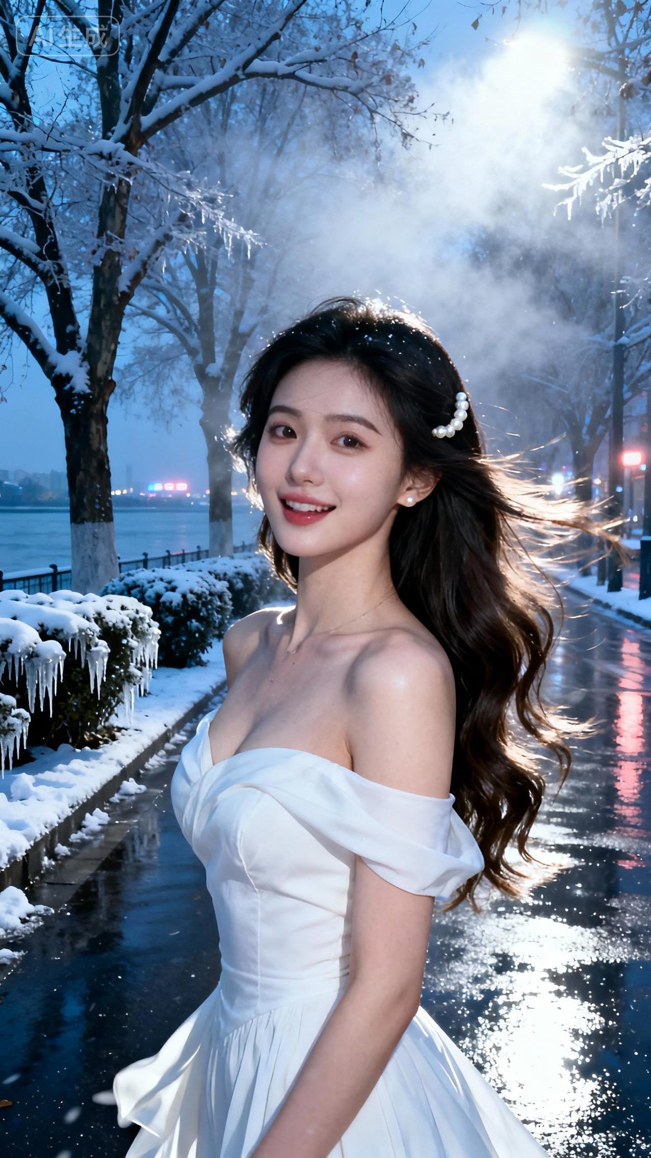 冬日雪景中的优雅少女，微笑如雪般纯净。雪景美照 湖边暖冬少女