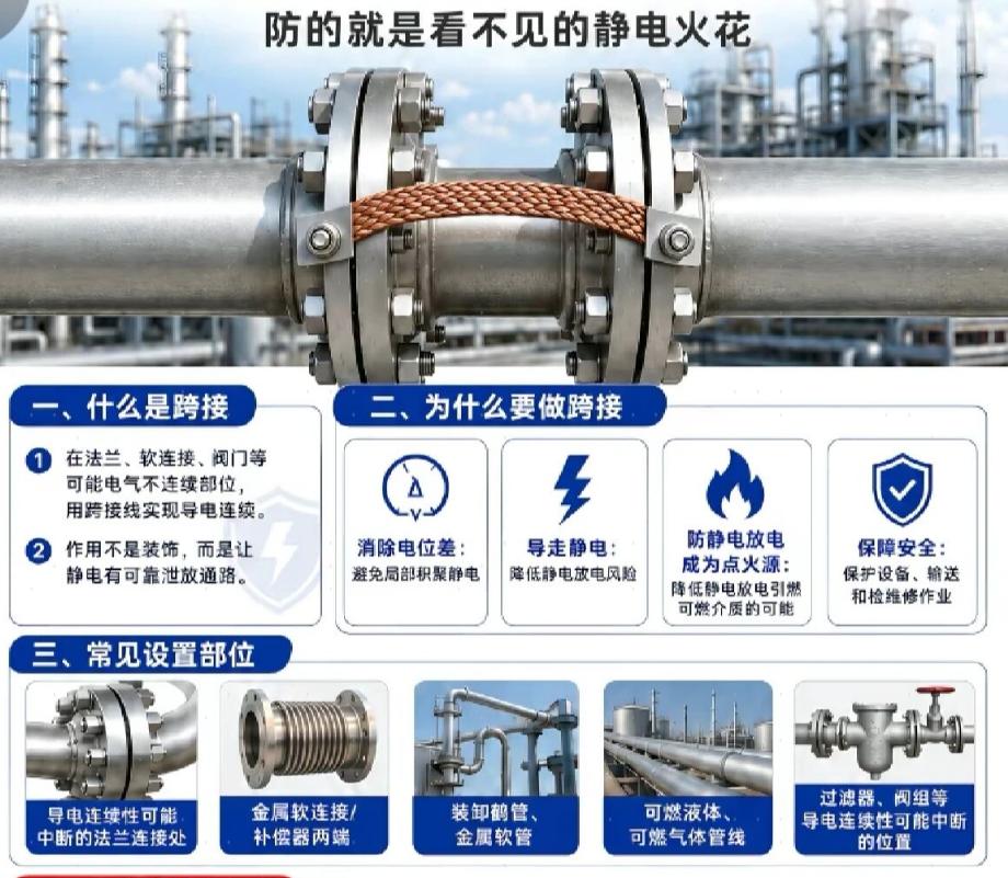 《为什么化工管道的法兰连接处，必须“搭桥”？——跨接技术的防静电底层逻辑》
在爆