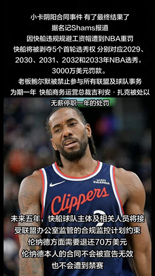 史上最狠罚单！快船被没收5个首轮签+3000万，鲍尔默停职1年