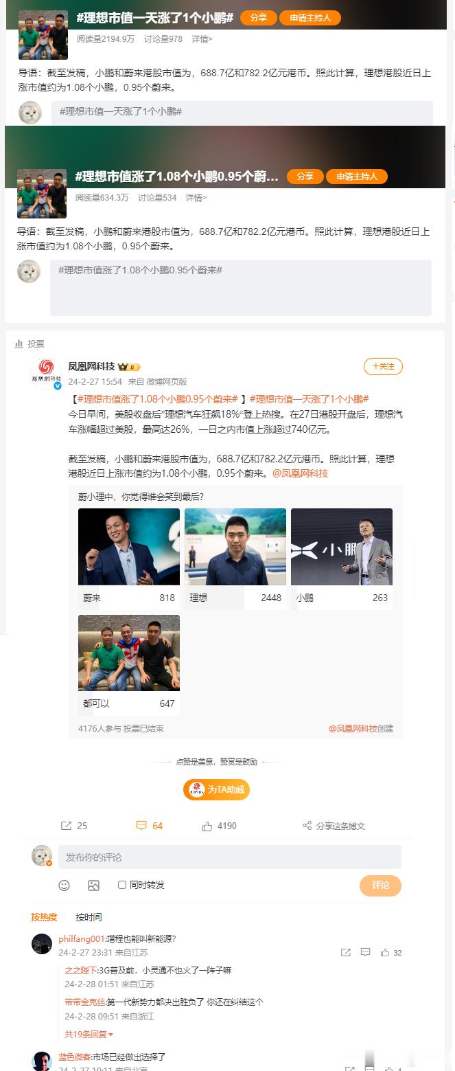 回头看1年前，合计三千万阅读量的微博热搜：【理想市值一天涨了1个小鹏】【理想市值