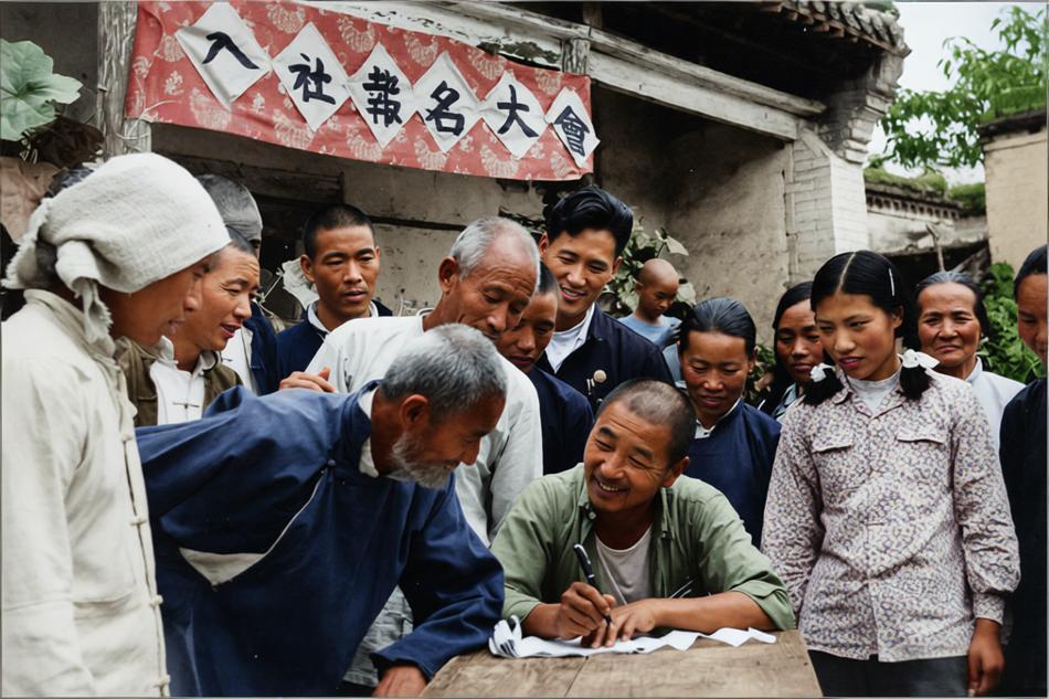 20世纪50年代，农民报名加入农业生产合作社，一位戴眼镜的干部正坐在简易桌子前，