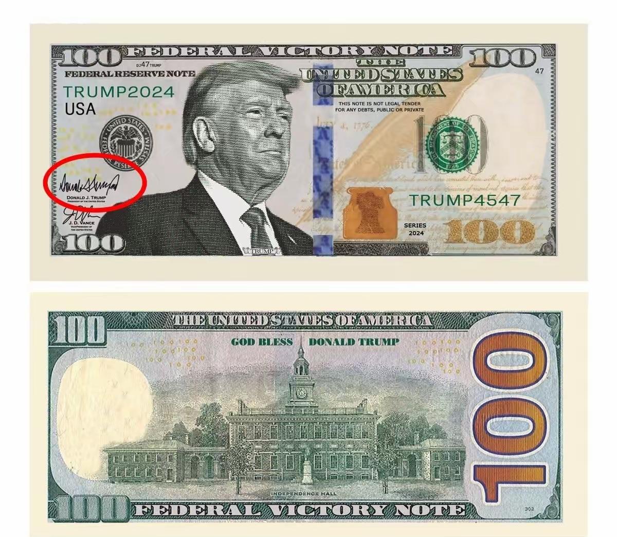 特朗普以总统身份将签名印上百元美钞，打破165年传统，如愿在货币史上留名。
历来
