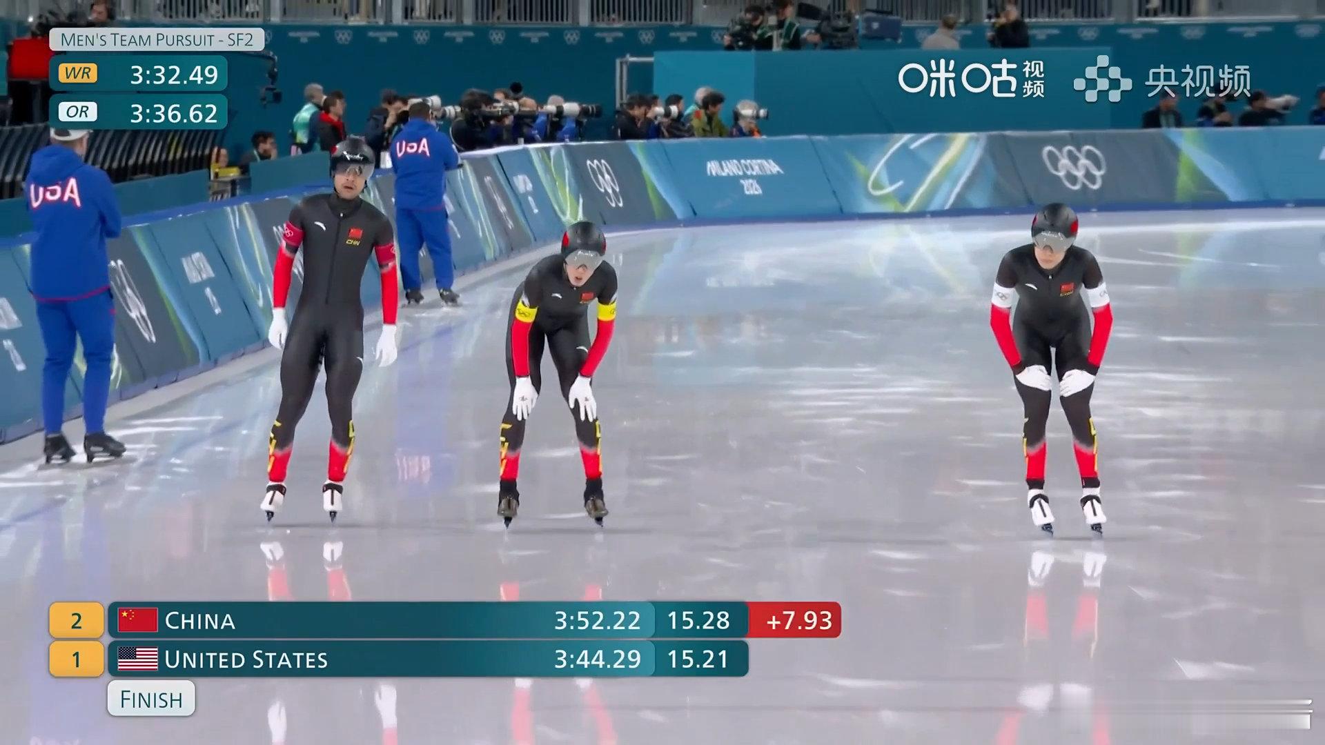 中国男团无缘速滑追逐金牌赛米兰冬奥会速度滑冰男子团体追逐半决赛，刘瀚彬、宁忠岩、