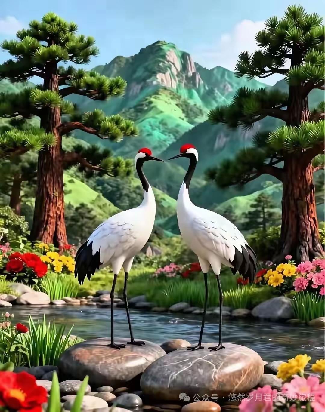 仙鹤相拥，山水相映，浪漫如画。