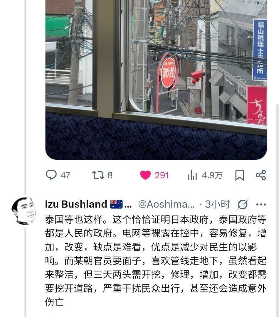 日本裸露的电线说明容易维修，减少对民生的影响，这都能吹上……你怎么不说裸露的电线