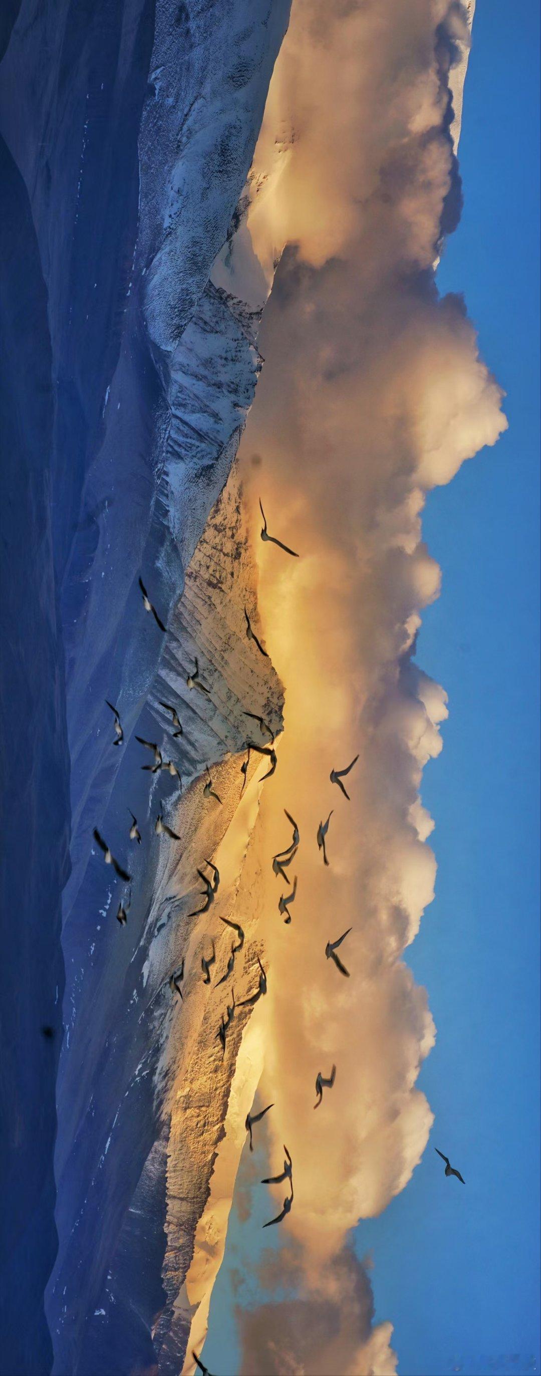 雪峰皑皑映碧空，云霭悠悠染金彤。飞鸟翩翩逐霞舞，山河壮美韵无穷。 
