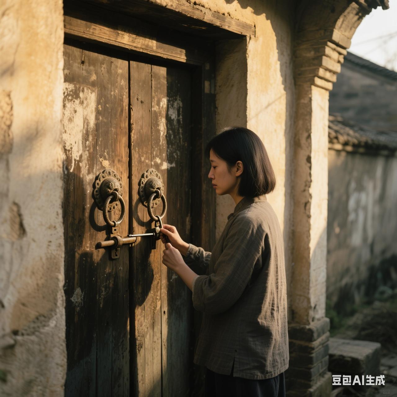 残门锈锁 久未开 灰砖裂了缝 苔痕爬上阶 荒草漫过膝 随风轻轻摆 一股辛酸啊 哽