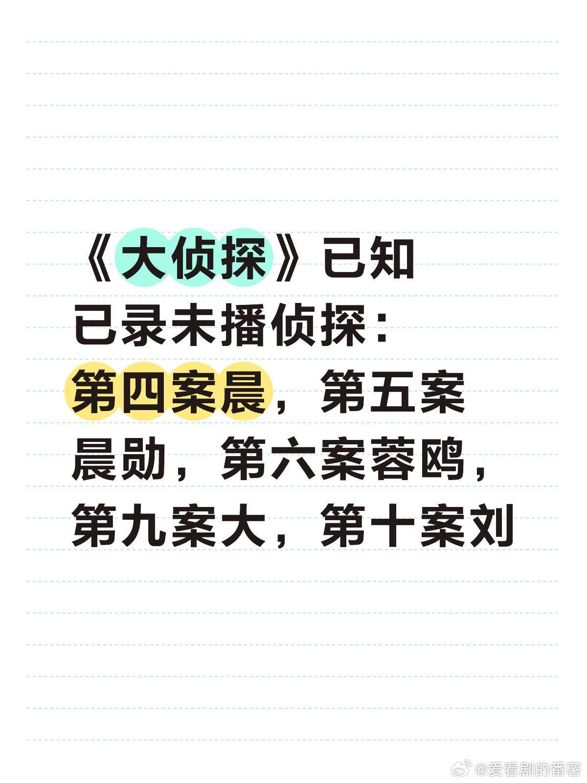《大侦探》已知已录未播侦探：第四案晨，第五案晨勋，第六案蓉鸥，第九案大，第十案刘