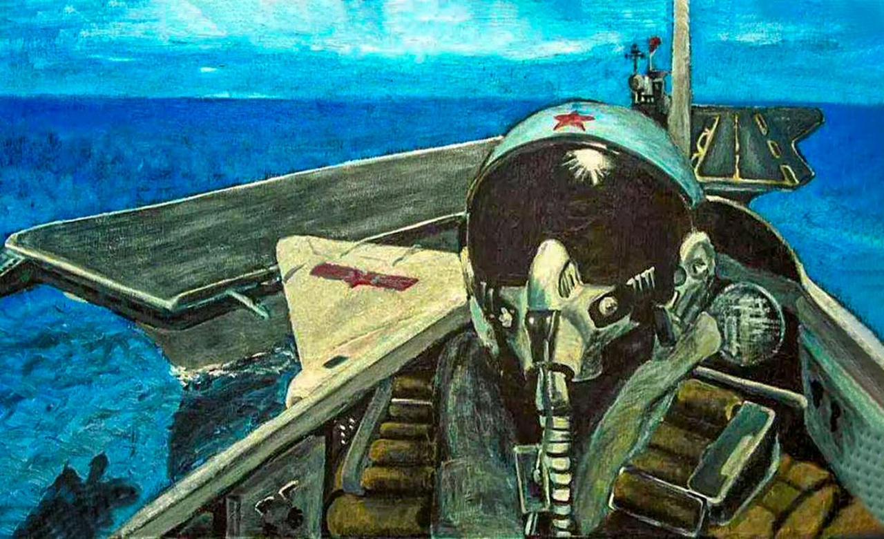 王伟的梦想，是成为一名舰载机飞行员，这幅他亲手创作的油画《夙愿》，便是最好的见证