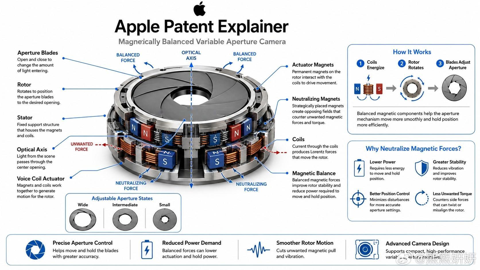 Apple获得一项相机可变光圈机构专利，该项发明的研发重心不在于光圈叶片本身，而
