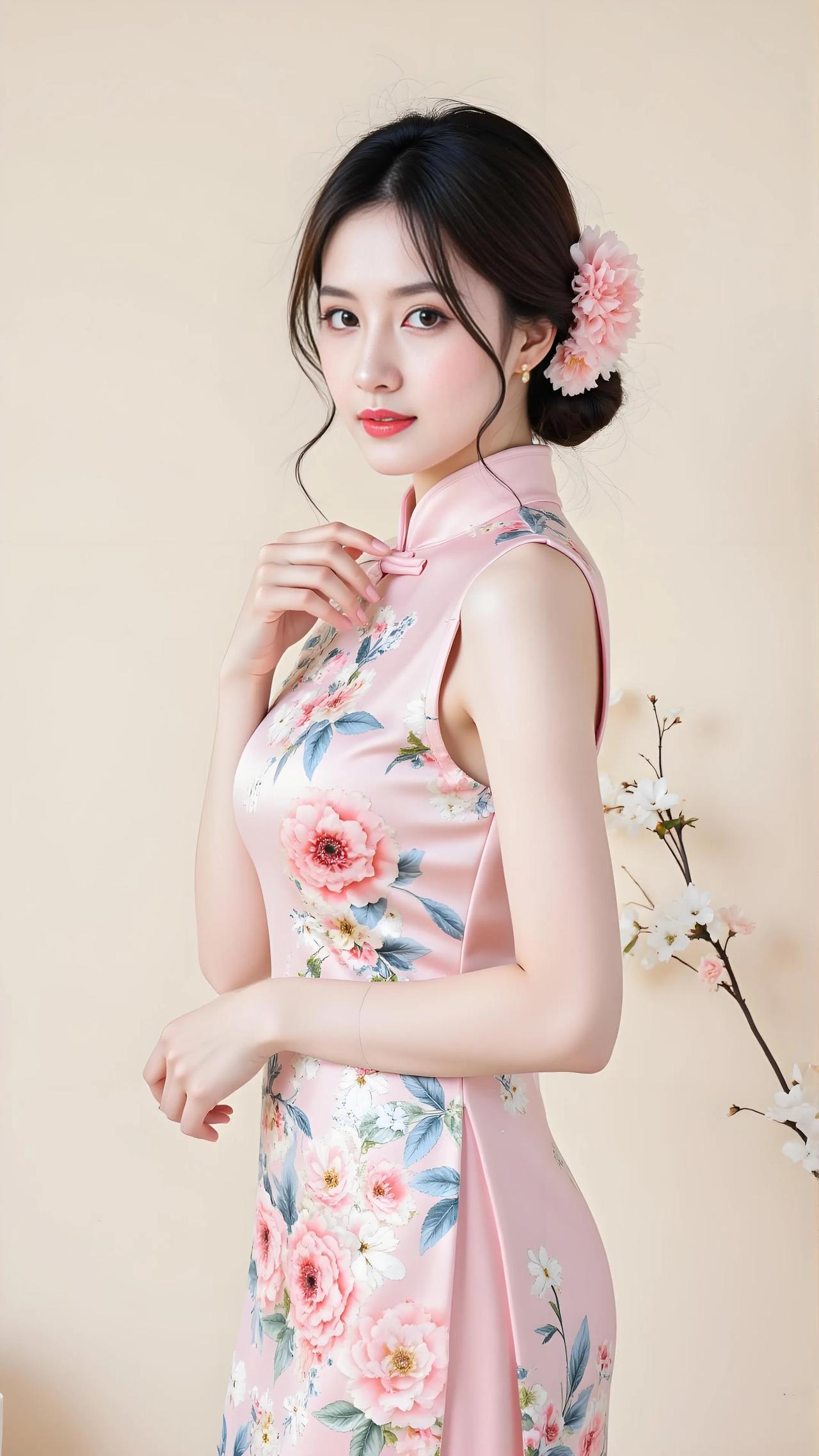 淡粉旗袍绣繁花，雅致背景衬出曼妙身姿，发间簪花，眉眼含情，东方韵味在静谧中悄然绽