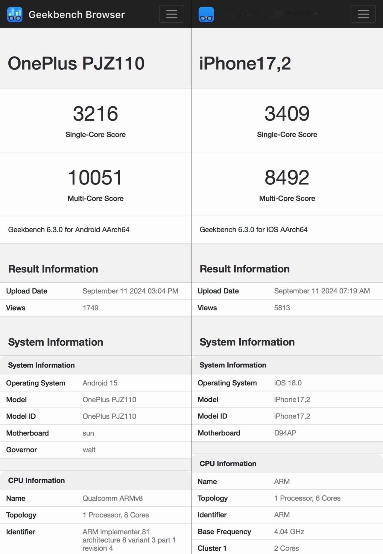 Geekbench数据库中骁龙8 Gen 4和苹果A18Pro的CPU跑分对比，