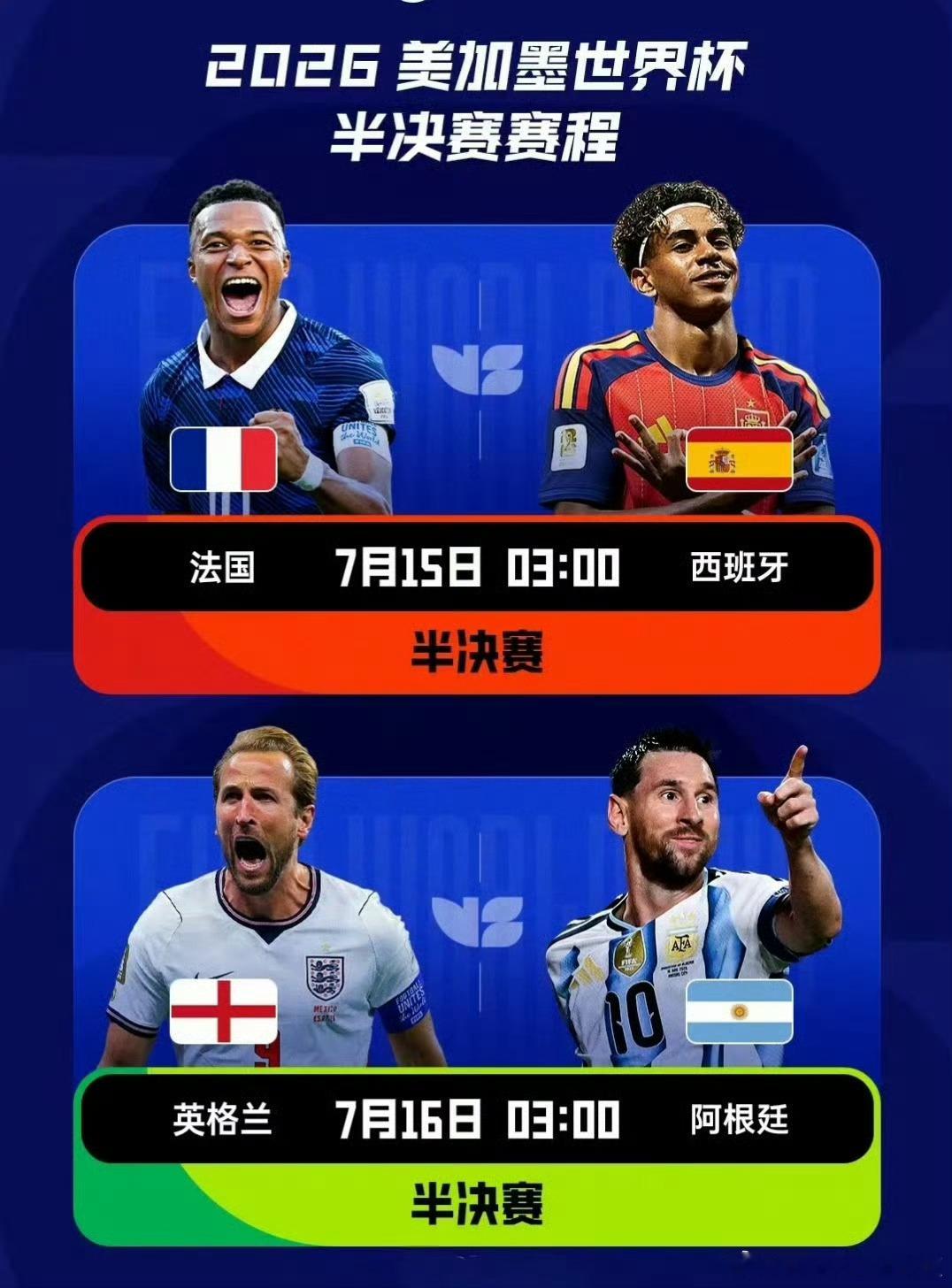 7.15 03:00 法国 vs 西班牙7.16 03:00 英格兰 vs 阿根
