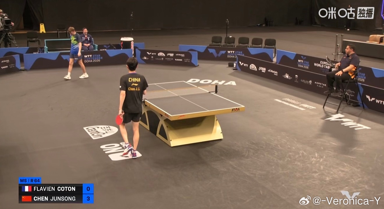 2026wtt多哈球星赛男子单打64-32陈俊菘3-0科顿（15-13 13-1