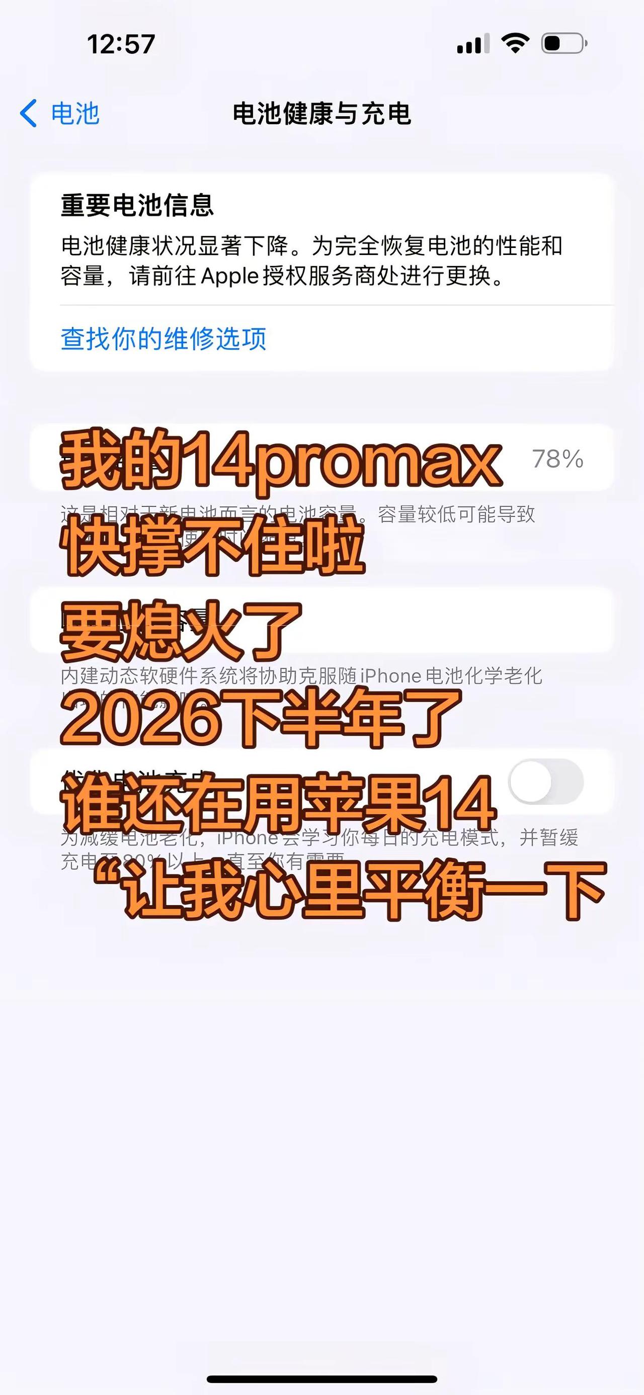 谁还在用14，说出来让我平衡一下？一天24小时都恨不得在充电，还在硬撑路上参