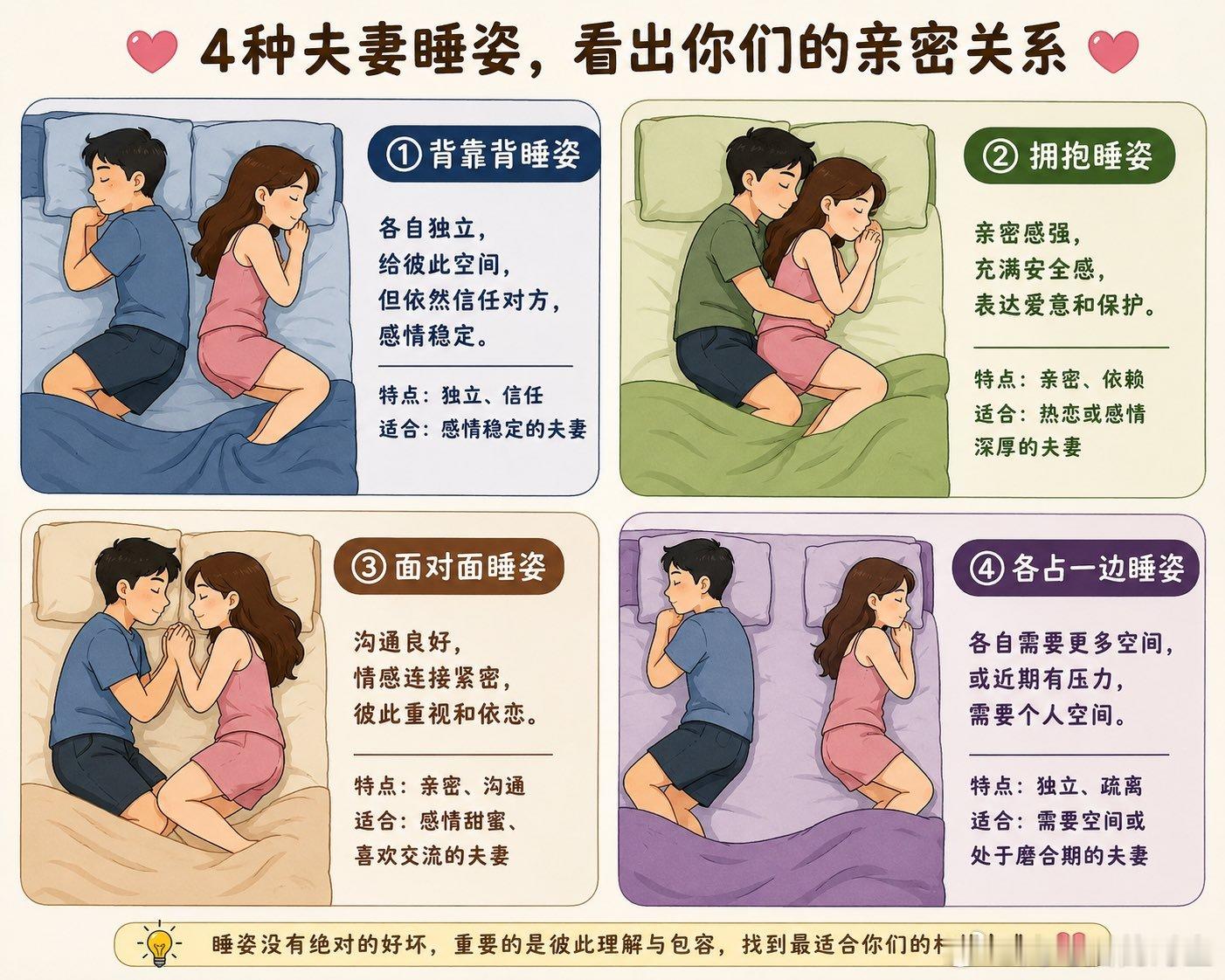 夫妻睡姿的定律：1、夫妻合盖一张被，说明感情很珍贵2、老公搂着老婆睡，不是新婚就