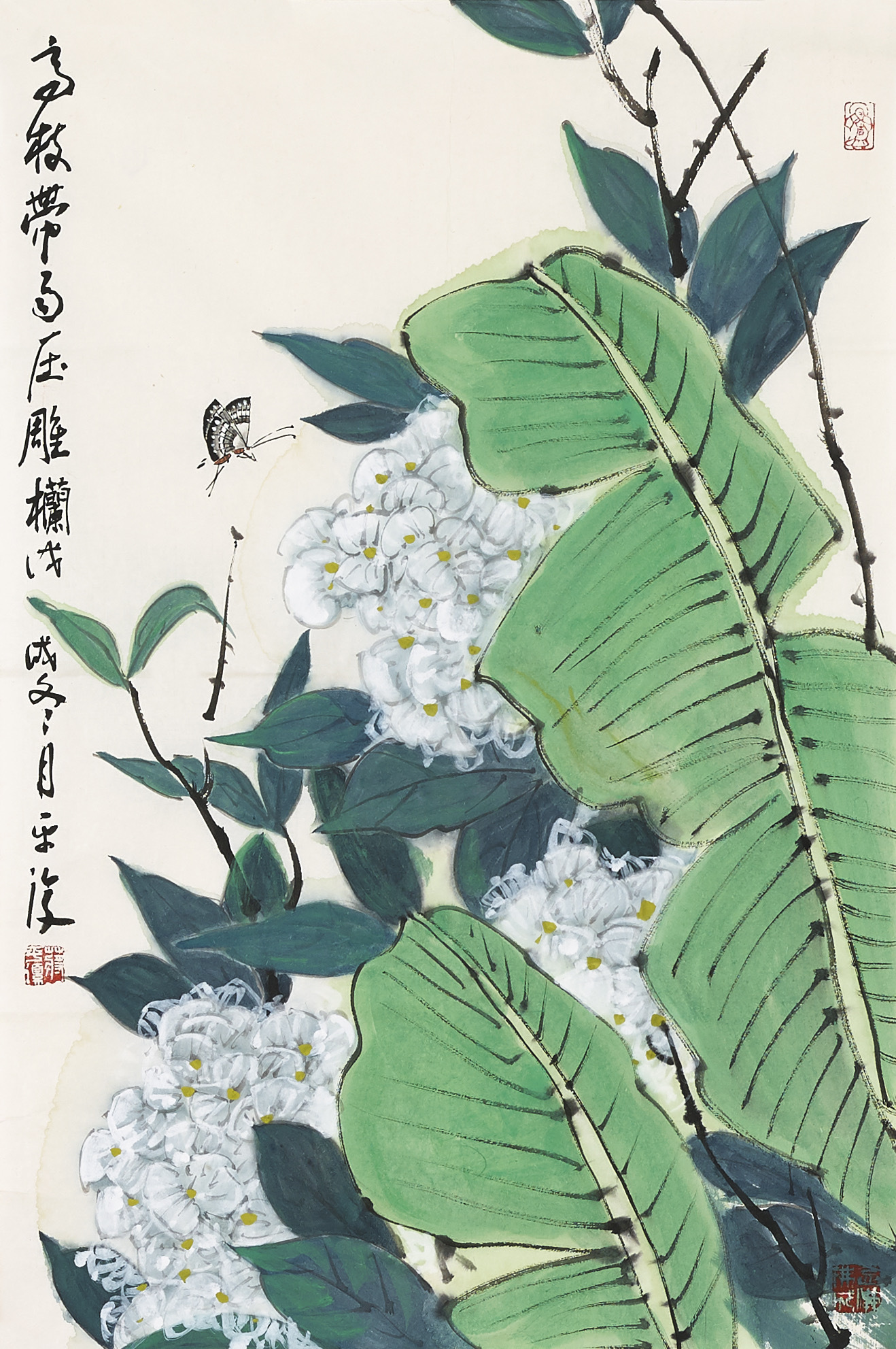 《繁花压栏，生机盎然》《高枝带雨压雕栏》充满了蓬勃的生命力。画家以饱满的构图，将