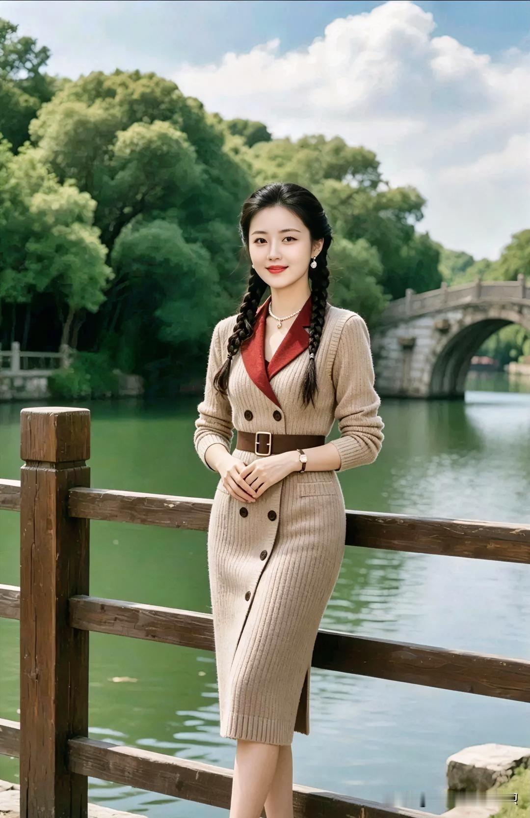 《湖畔佳人》

湖水悠悠绕碧洲，佳人独立木栏头。

双辫垂肩温婉意，针织褐裙锁清