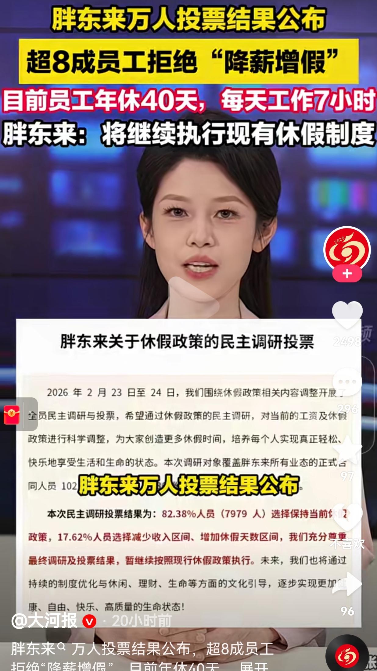 胖东来又上热搜！超8成员工拒绝“降薪增假”，这才是打工人最想要的答案。
 
事情