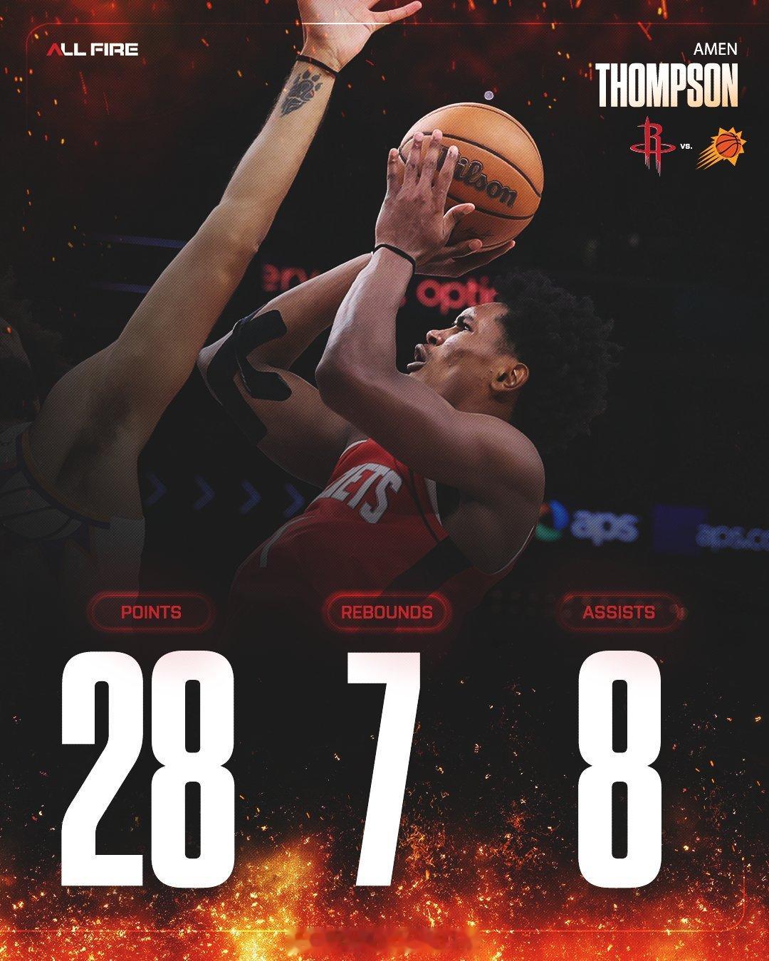 火箭官方晒阿门本场VS太阳数据海报