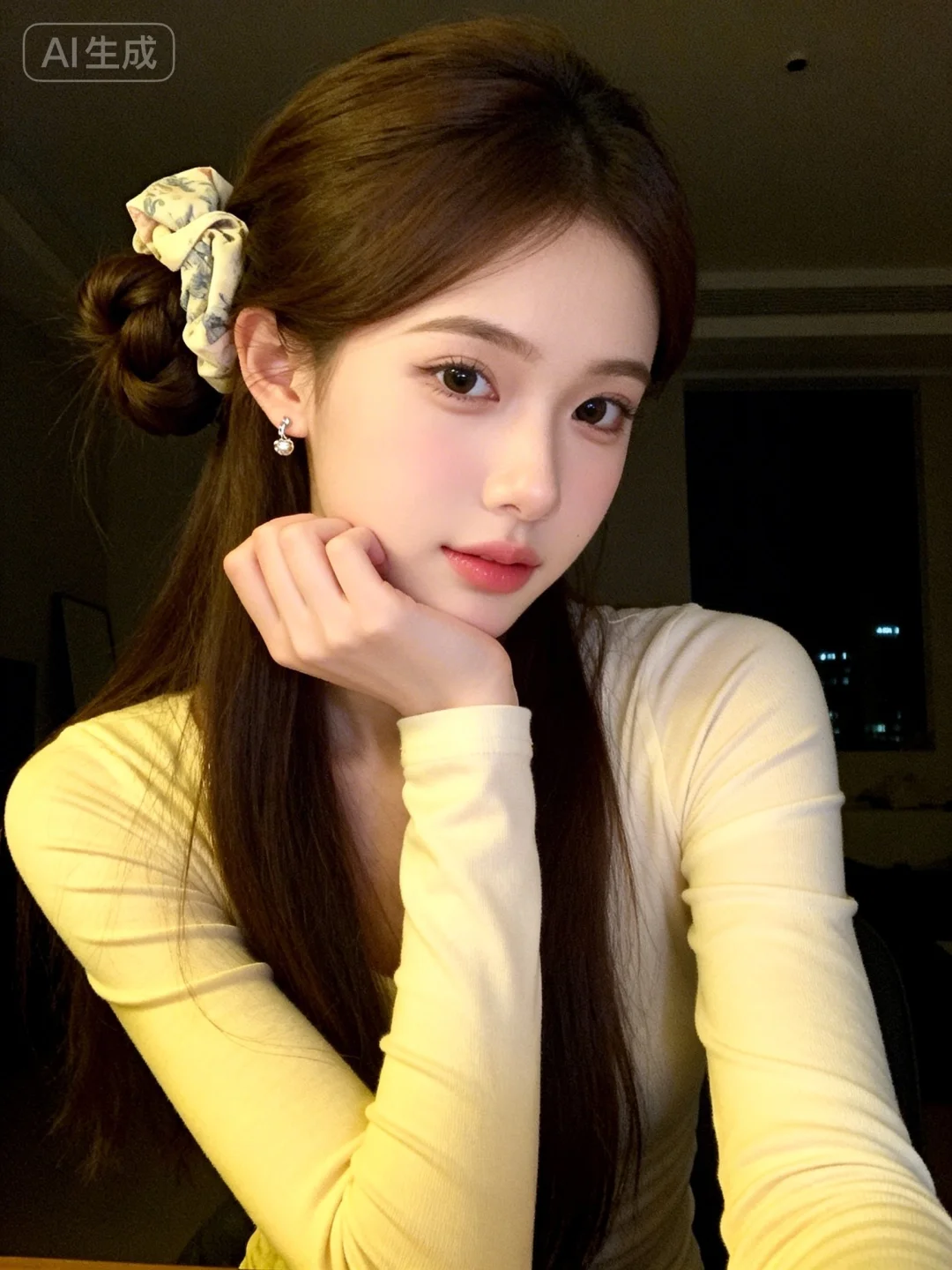 苹果手机5s拍摄风格，画面主体是一个漂亮白皙很瘦少女，长发精致发型，戴...