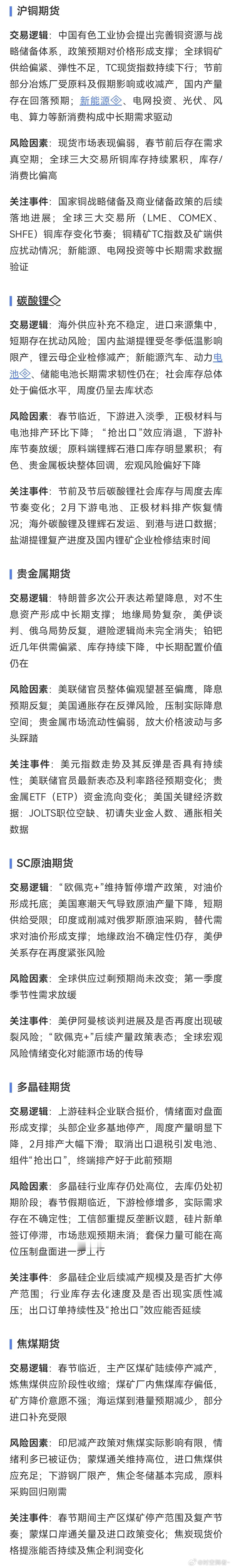 部分热门品种交易逻辑（来源：金十期货）期货