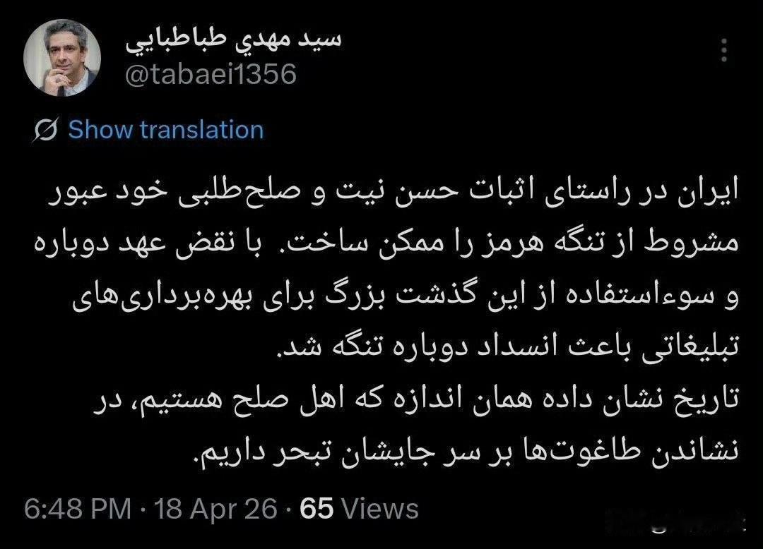 伊朗总统办公室通讯与信息事务副主管赛义德·迈赫迪·塔巴塔巴伊：伊朗为证明其善意与