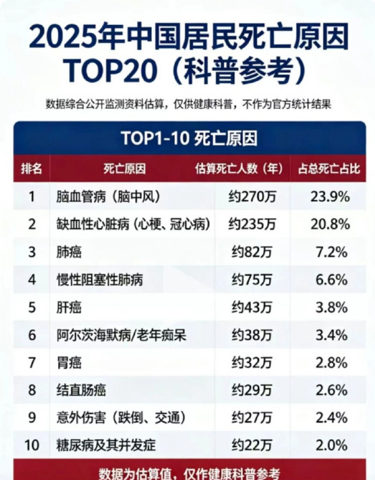 2025年中国居民死亡原因前二十便宜但可能致癌的小东西 ​​​